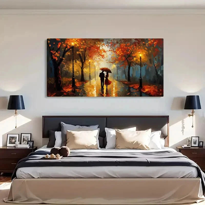 Autumn Rainy Street Romantic Wall Art Canvas Office Home Room Framed 120x60cm