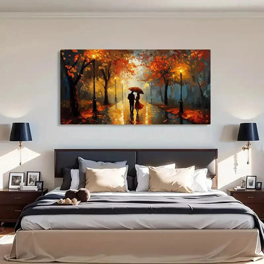 Autumn Rainy Street Romantic Wall Art Canvas Office Home Room Framed 120x60cm