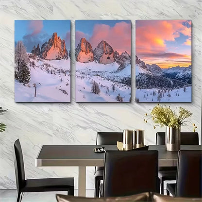 3pcs Snow-Capped Peaks and Sunset Sky Metal Print Ready to Hang Art