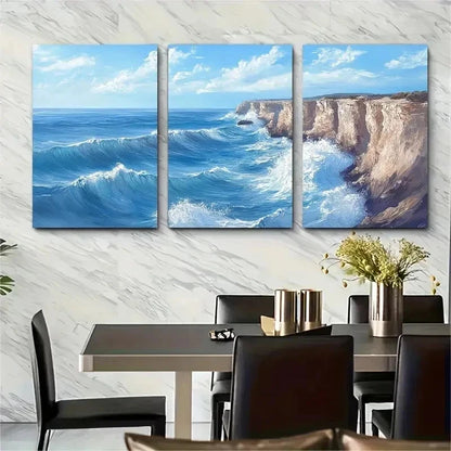 3pcs Vibrant Blue Waves & Rocky Cliffs Perfect Wall Art Set Canvas Framed 50x70cm - High Quality Print 100% Australian Made Wall Canvas Ready to Hang