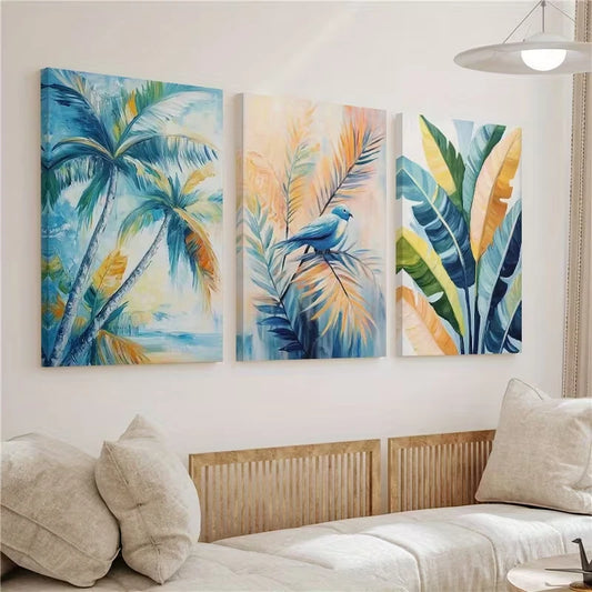 3pcs Blue Leaf Tropical Colorful Botanical Wall Art Set Canvas Framed 60x90cm – High Quality Print 100% Australian Made Wall Canvas Ready to Hang