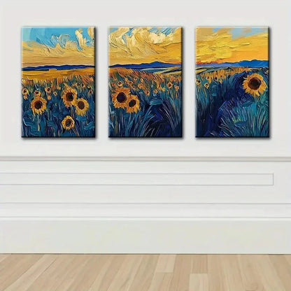 3pcs A Field Of Sunflowers At Sunset Painting Wall Art Set Canvas Framed 60x90cm - High Quality Print 100% Australian Made Wall Canvas Ready to Hang - Bella Home Decor