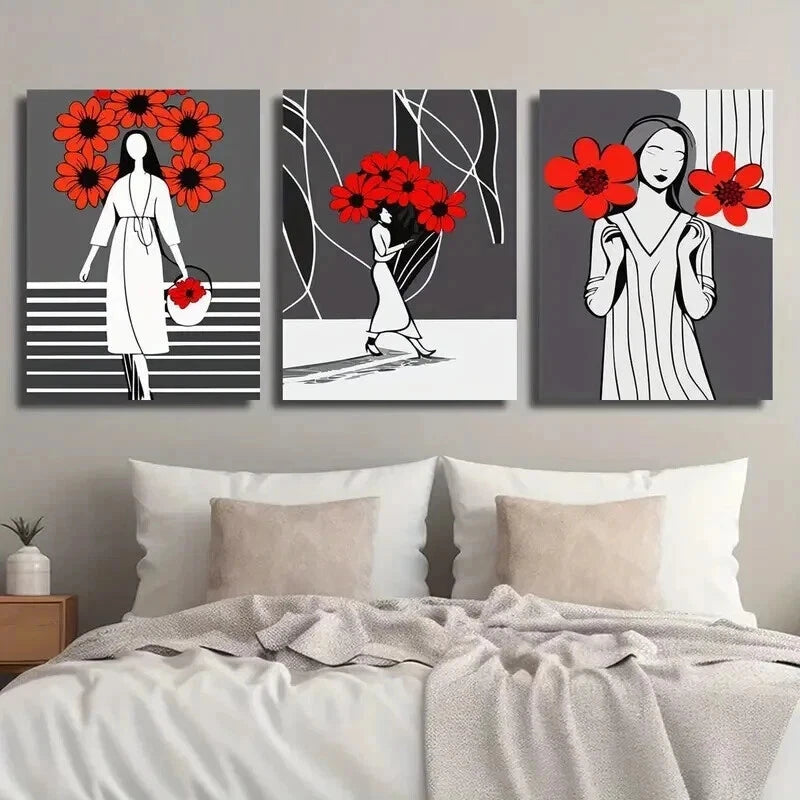 3pcs Abstract Black & Recd Flower Girl Perfect Wall Art Set Canvas Framed 40x60cm - High Quality Print 100% Australian Made Wall Canvas Ready to Hang - Bella Home Decor