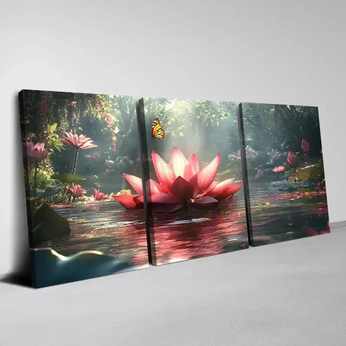 3pcs Beautiful And Charming Lotus with Butterfly Wall Art Set Canvas Unframed - High Quality Print 100% Australian Made Wall Canvas