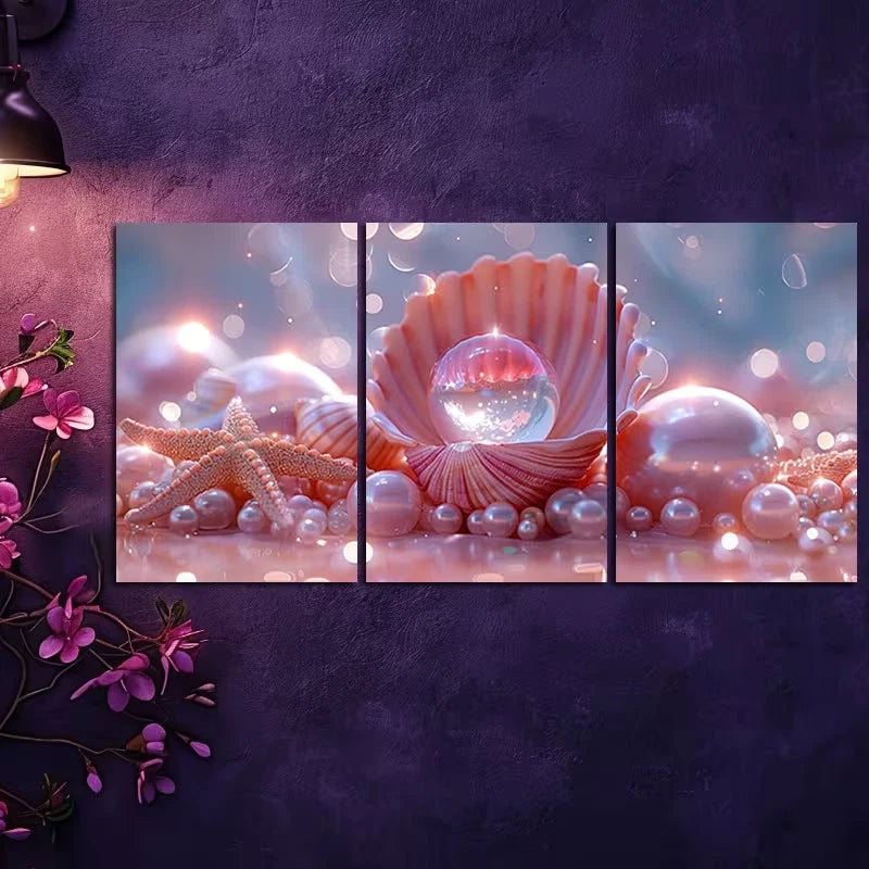 3pcs Opalescent Crystal in Open Seashell Wall Art Set Canvas Framed 50x70cm - High Quality Print 100% Australian Made Wall Canvas Ready to Hang