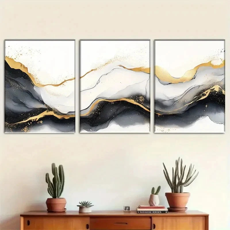 3pcs Abstract Ink Black White and Golden Metal Print Ready to Hang Art - Bella Home Decor