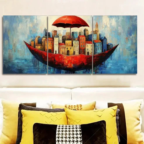 3pcs City View Under a Red Umbrella Wall Art Set Canvas Unframed - High Quality Print 100% Australian Made Wall Canvas - Bella Home Decor