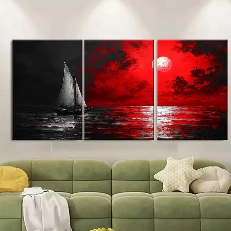 3pcs Black and White Red Seascape Metal Print Ready to Hang Art - Bella Home Decor