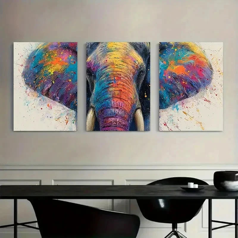 3pcs Colorful Splash Elephant Face Wall Art Metal Print Ready to Hang Art - Bella Home Decor