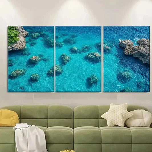 3pcs Seascape Clear Shallow Blue Ocean S Wall Art Set Canvas Framed 50x70cm - High Quality Print 100% Australian Made Wall Canvas Ready to Hang