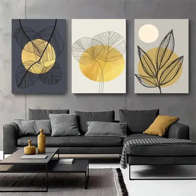 3pcs Abstract Leaves, Golden Sun, Line  Wall Art Set Canvas Framed 50x70cm - High Quality Print 100% Australian Made Wall Canvas Ready to Hang - Bella Home Decor