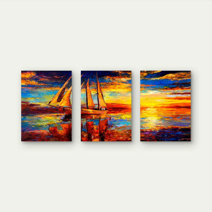 3pcs Golden Sunset Sailboats at Sea Wall Art Set Canvas Framed 60x90cm - High Quality Print 100% Australian Made Wall Canvas Ready to Hang - Bella Home Decor