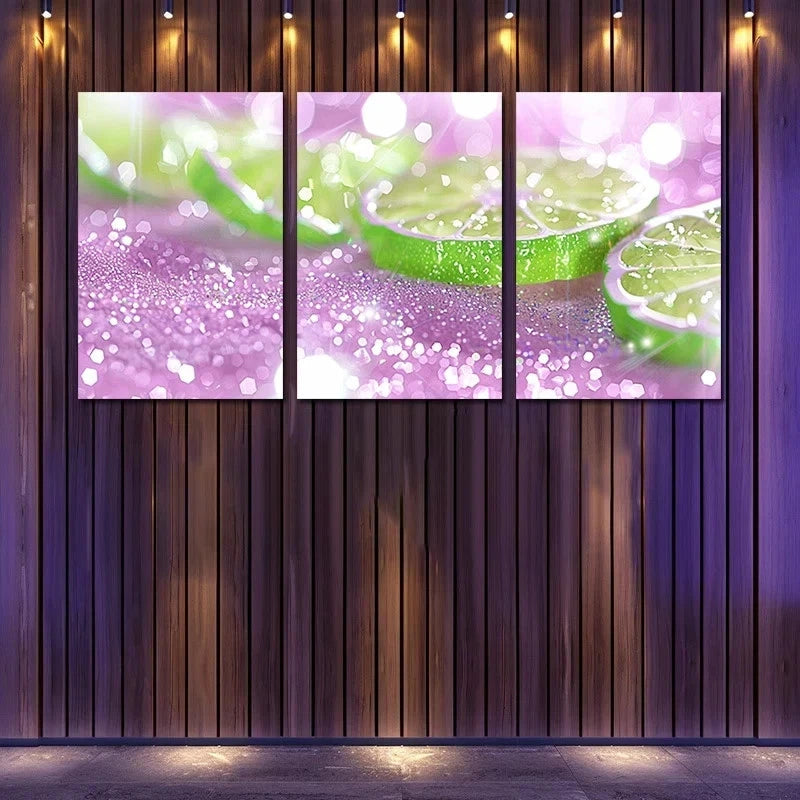 3pcs Closeup of Sparkling Water with Lime Slices Metal Print Ready to Hang Art - Bella Home Decor