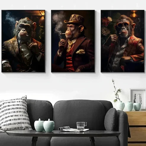 3pcs Stylish Monkeys in Sophisticated Attire Wall Art Canvas Unframed - High Quality Print 100% Australian Made Wall Canvas