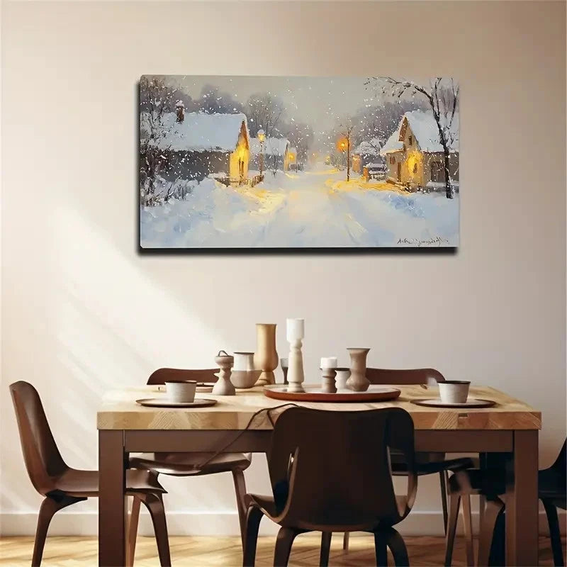 Cozy Winter Scene Yellow Lights Wallc Art Canvas Office Home Room Framed 120x60cm