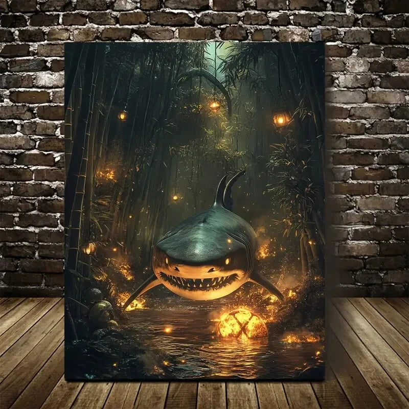 Steampunk Shark in Bamboo Grove with Glowing Embers 40x60cm Metal Print Ready to Hang - Bella Home Decor