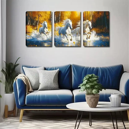 3pcs Three White Horses In The Woods Wall Art Canvas Unframed - High Quality Print 100% Australian Made Wall Canvas