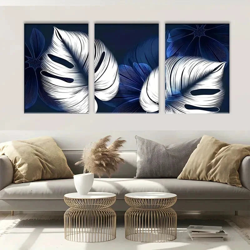 3pcs Modern Abstract Blue and White Leaves Metal Print Ready to Hang Art - Bella Home Decor