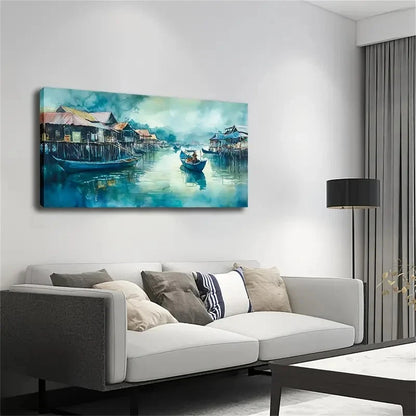 Ink Painting Of Boats In Misty Wall Art canvas office home room framed 120x60cm