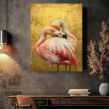 Beautiful Golden Flamingo Duo Elegant Painting 40x60cm Metal Print Ready to Hang - Bella Home Decor