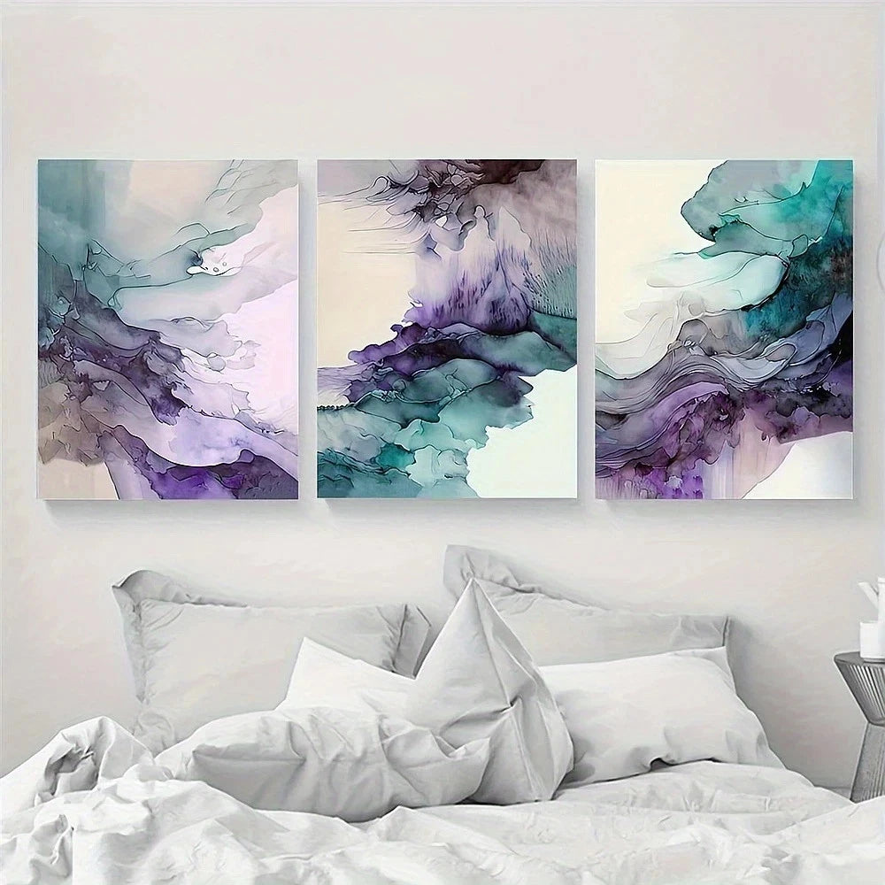 3pcs Artificial Jade Abstract Purple Green Metal Print Ready to Hang Art - Bella Home Decor