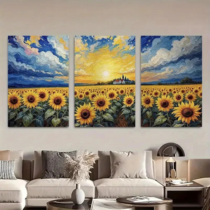 3pcs Van Gogh-Inspired Sunflower Field Metal Print Ready to Hang Art