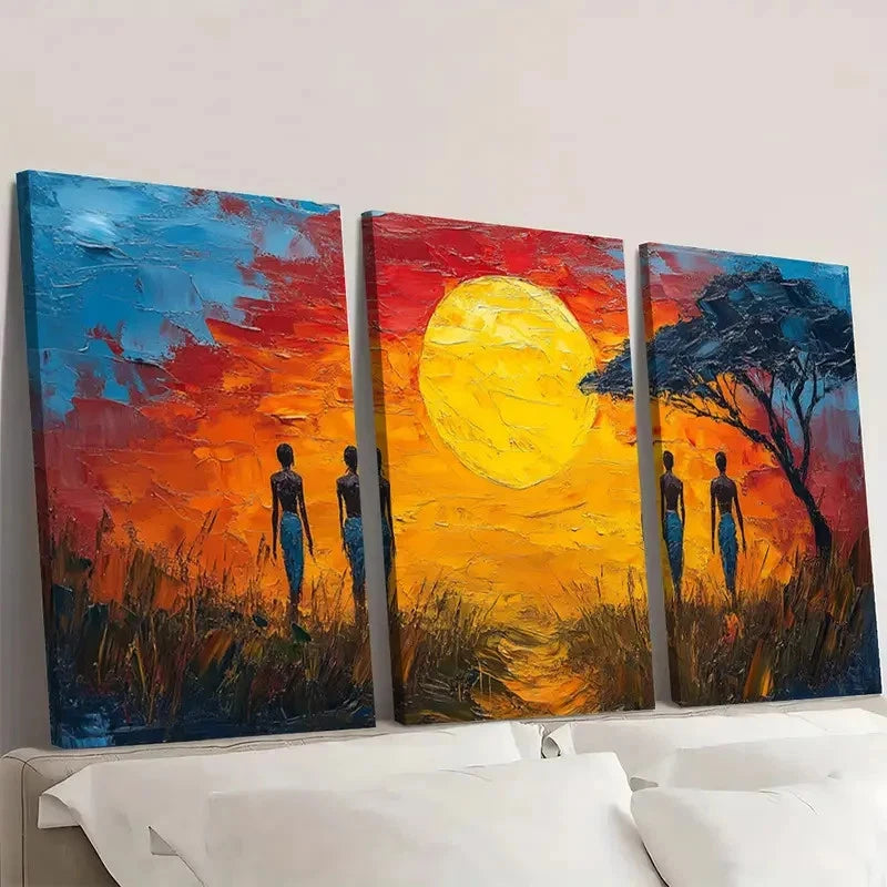 3pcs Vibrant African Tribe Landscape A Wall Art Set Canvas Framed 40x60cm - High Quality Print 100% Australian Made Wall Canvas Ready to Hang