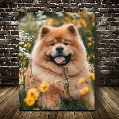 Cheerful Chow Chow Dog with Flowers Painting 40x60cm Metal Print Ready to Hang - Bella Home Decor