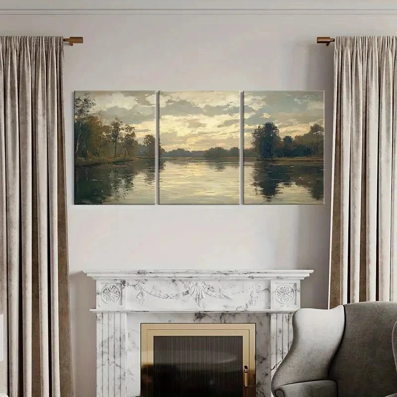 3pcs Landscape Painting Serene River Scenery Metal Print Ready to Hang Art - Bella Home Decor