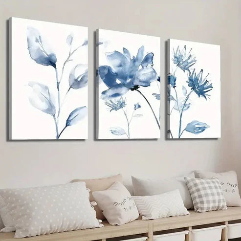 3pcs Botanical Decor with White and Blue Flowers  Wall Art Set Canvas Unframed - High Quality Print 100% Australian Made Wall Canvas - Bella Home Decor