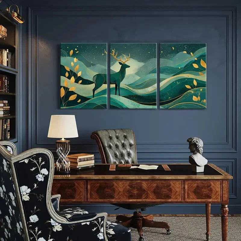 3pcs Abstract Deer Art Mountain Landscape Metal Print Ready to Hang Art - Bella Home Decor