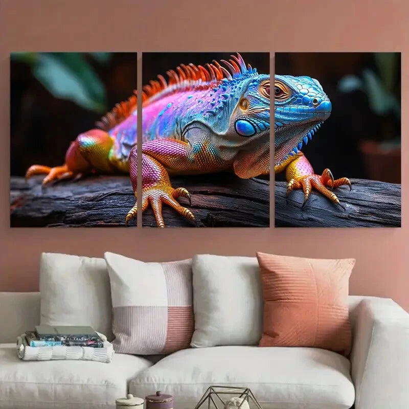 3pcs Vibrant Iguana Photography on Dark Wood Metal Print Ready to Hang Art - Bella Home Decor