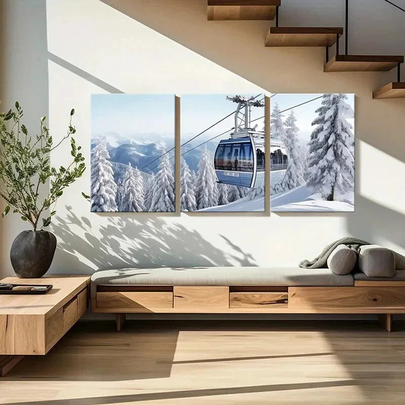 3pcs Winter Wonderland Cable Car Snowy Mountains Metal Print Ready to Hang Art - Bella Home Decor