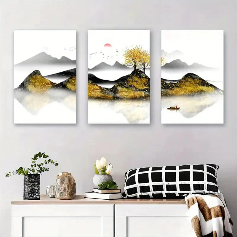 3pcs Mountain River & Tree Abstract Metal Print Ready to Hang Art - Bella Home Decor