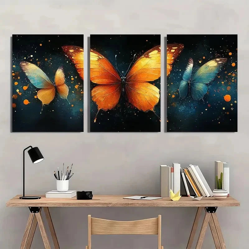 3pcs Butterfly Painting with Kits Golden Wall Art Set Canvas Framed 60x90cm - High Quality Print 100% Australian Made Wall Canvas Ready to Hang - Bella Home Decor