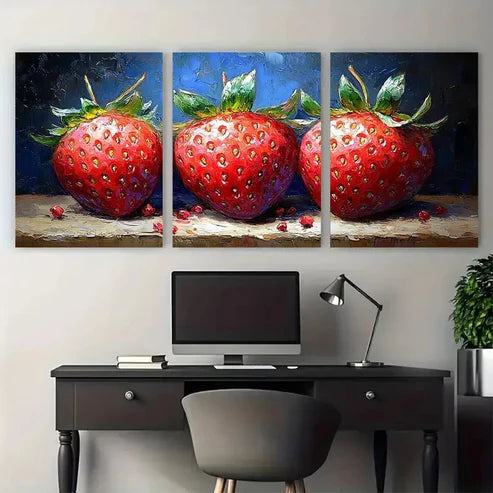 3pcs Vibrant Red & Green Strawberries Fruit Wall Art Canvas Unframed - High Quality Print 100% Australian Made Wall Canvas