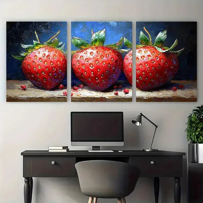 3pcs Vibrant Red & Green Strawberries Fruit Wall Art Canvas Unframed - High Quality Print 100% Australian Made Wall Canvas
