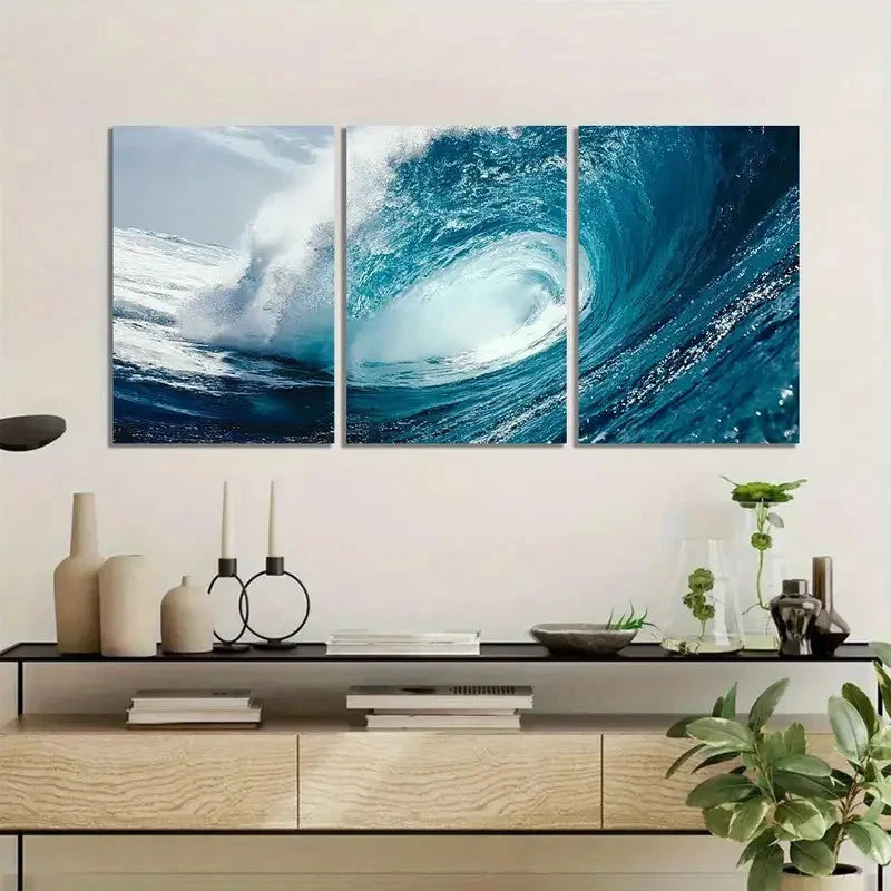 3pcs Blue Ocean Wave with White Foam Metal Print Ready to Hang Art - Bella Home Decor