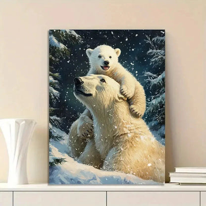 Polar Bear & Cub Playing in Snow, Winter Wildlife 40x60cm Metal Print Ready to Hang