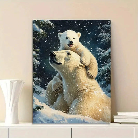 Polar Bear & Cub Playing in Snow, Winter Wildlife 40x60cm Metal Print Ready to Hang