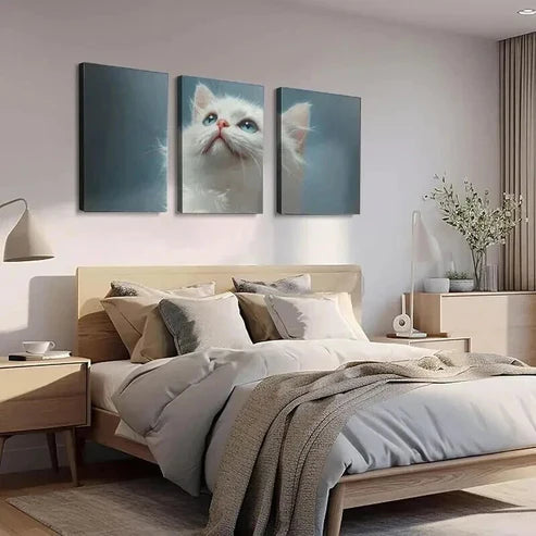 3pcs White Persian Fluffy Feline with Blue Eyes Art Set Canvas Unframed - High Quality Print 100% Australian Made Wall Canvas