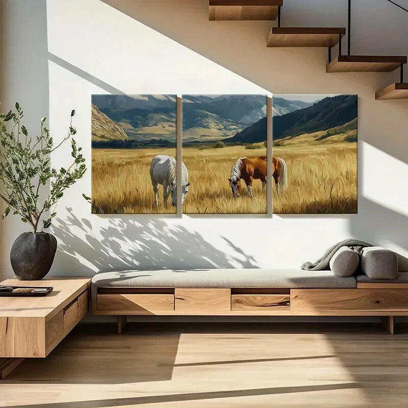 3pcs Artistic Horses Grazing Mountain Landscape Metal Print Ready to Hang Art - Bella Home Decor