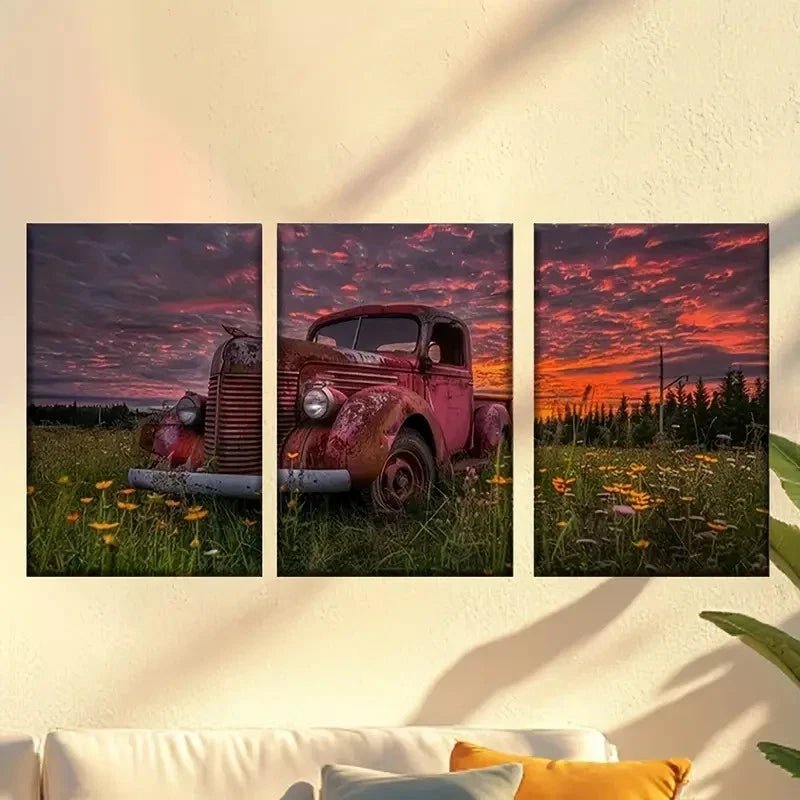 3pcs red truck in field of flowers Wall Art Set Canvas Framed 60x90cm - High Quality Print 100% Australian Made Wall Canvas Ready to Hang