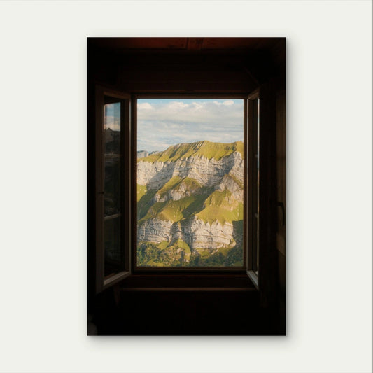Green Mountain Ridge Window View Alpine Cliff 40x60cm Metal Print Ready to Hang