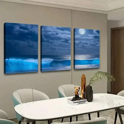 3pcs Glowing Ocean Waves & Moonlit Night Scene  Wall Art Set Canvas Unframed - High Quality Print 100% Australian Made Wall Canvas - Bella Home Decor