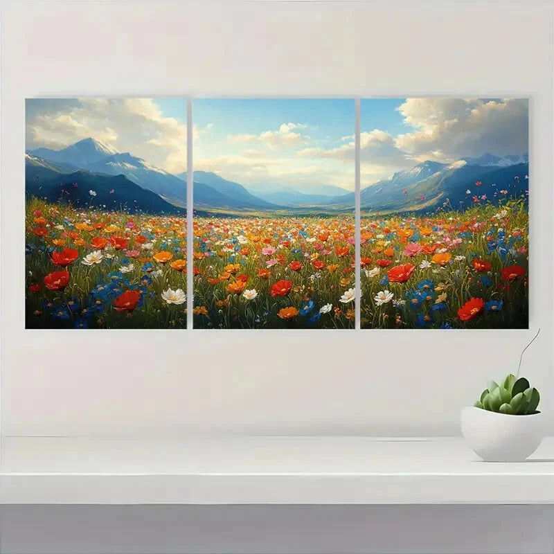 3pcs Vibrant Floral Scenic Countryside Landscape Metal Print Ready to Hang Art