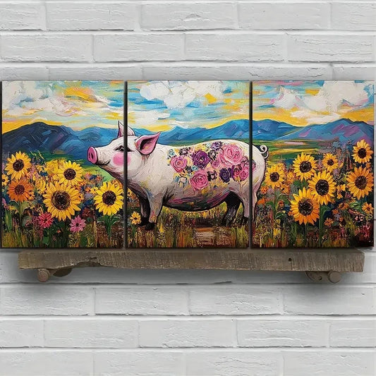3pcs Pigs in The Fields Sunflower Wall Art Set Canvas Framed 60x90cm - High Quality Print 100% Australian Made Wall Canvas Ready to Hang