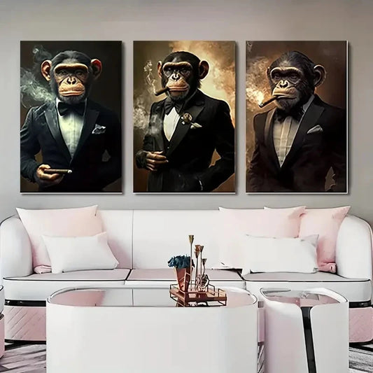 3pcs Tuxedo Monkey M Wall Art Set Canvas Framed 50x70cm - High Quality Print 100% Australian Made Wall Canvas Ready to Hang