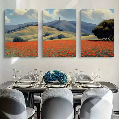 3pcs Mountain & Red Flower Field Sky Wall Art Set Canvas Framed 50x70cm - High Quality Print 100% Australian Made Wall Canvas Ready to Hang