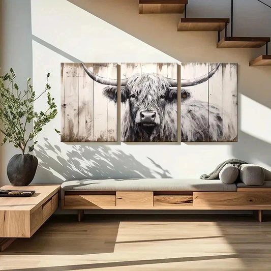 3pcs Vintage Farmhouse Highland Cattle Wall Art Set Canvas Framed 60x90cm - High Quality Print 100% Australian Made Wall Canvas Ready to Hang